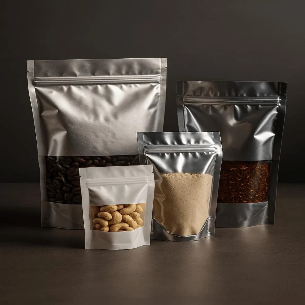 Aluminum foil food pouches with clear windows for coffee, nuts and powders