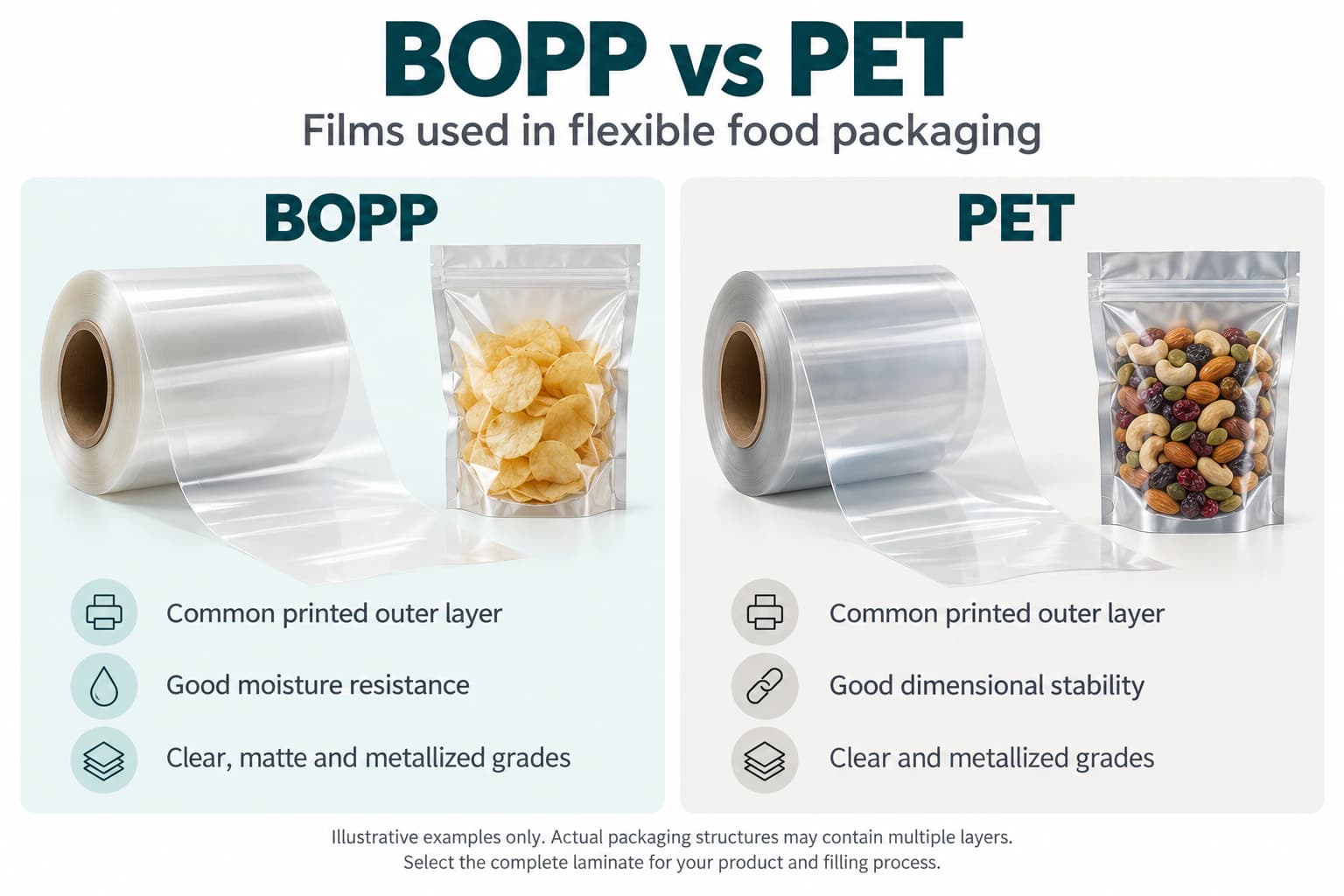 BOPP and PET film rolls compared with clear flexible food packaging pouches