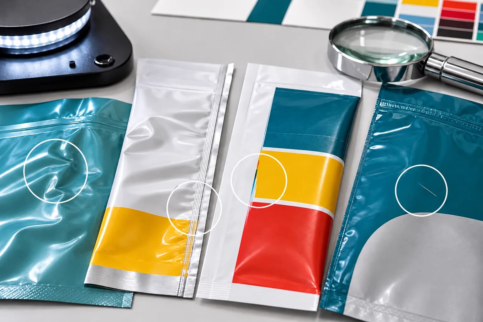 Illustration of flexible food packaging samples under visual quality inspection