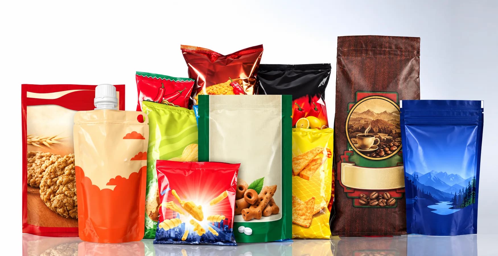 Illustration of food packaging formats for snacks, coffee and liquid products