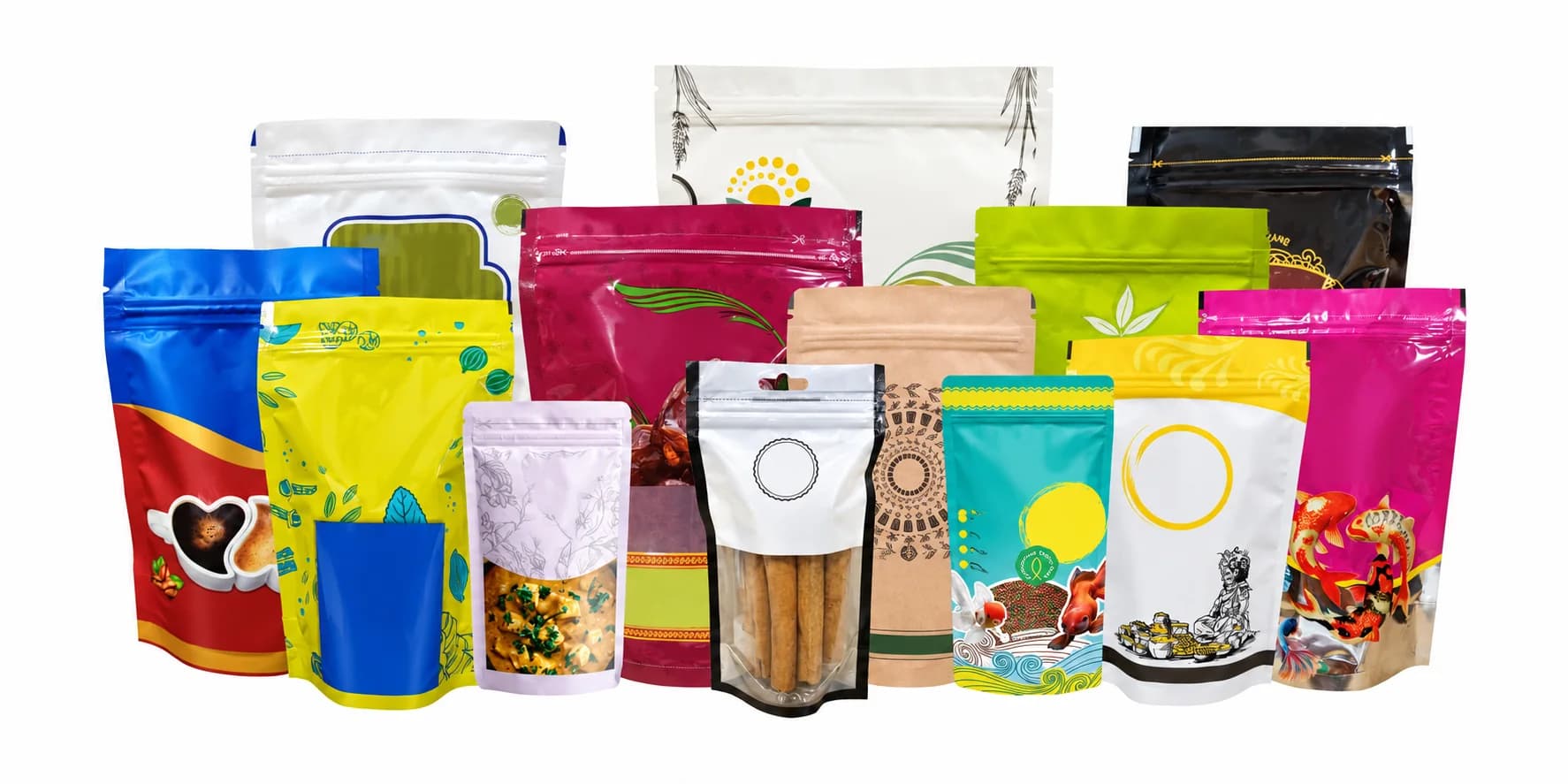 Illustration of assorted printed stand-up food pouches in different sizes and formats