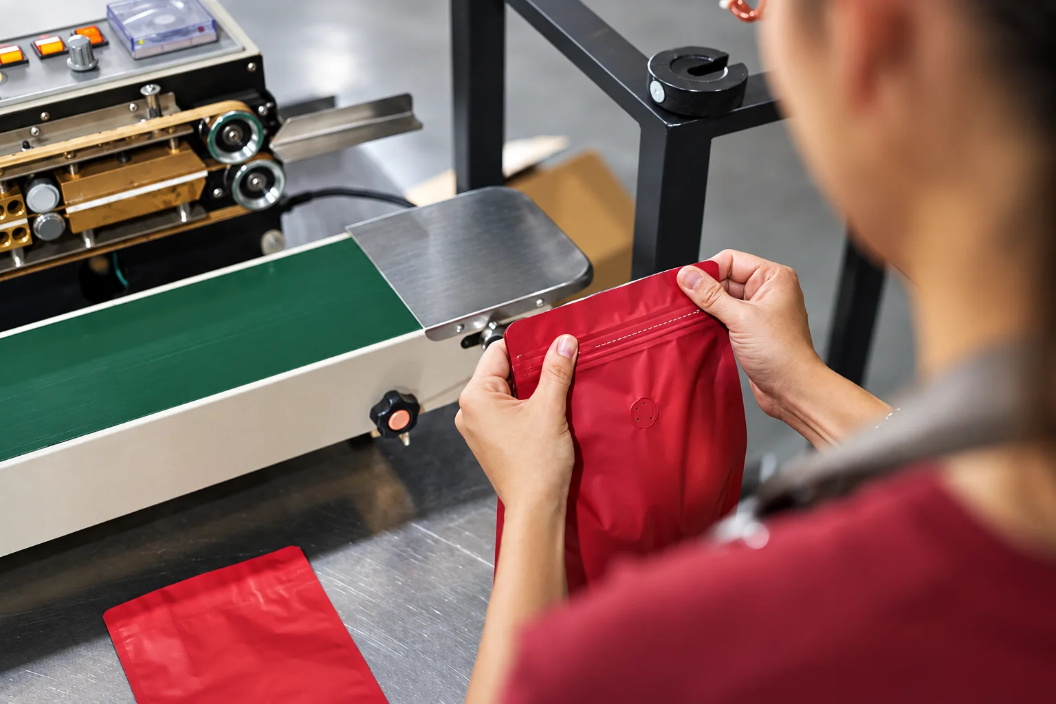 Illustration of a packaging operator inspecting the seal and zipper on a red food pouch