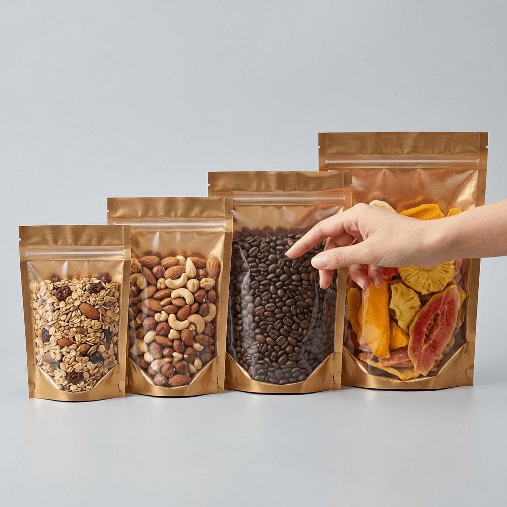 Four clear stand-up food pouches in different sizes filled with granola, nuts, coffee beans and dried fruit