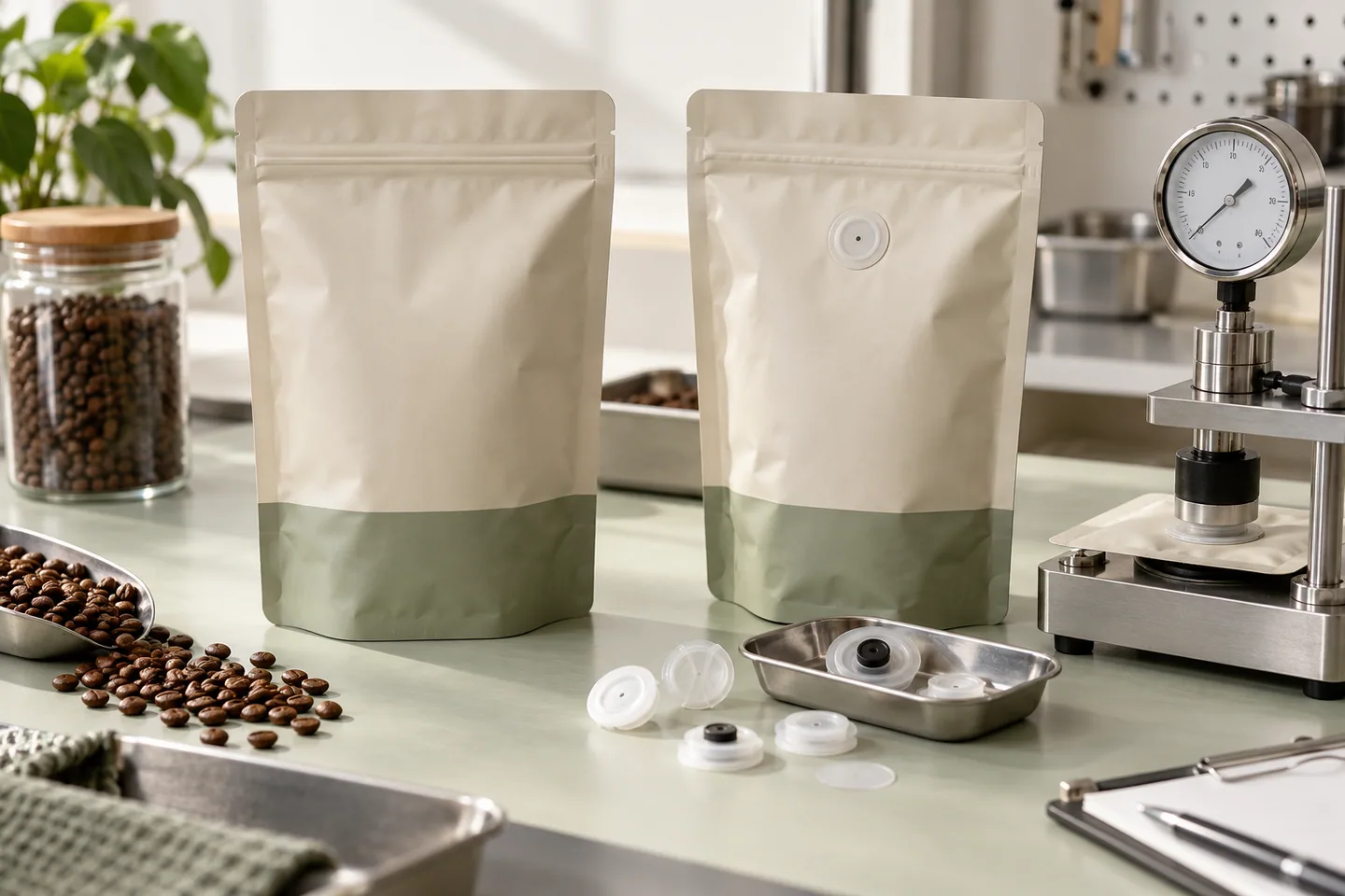 Unbranded coffee pouches with one-way degassing valves and pressure-test equipment