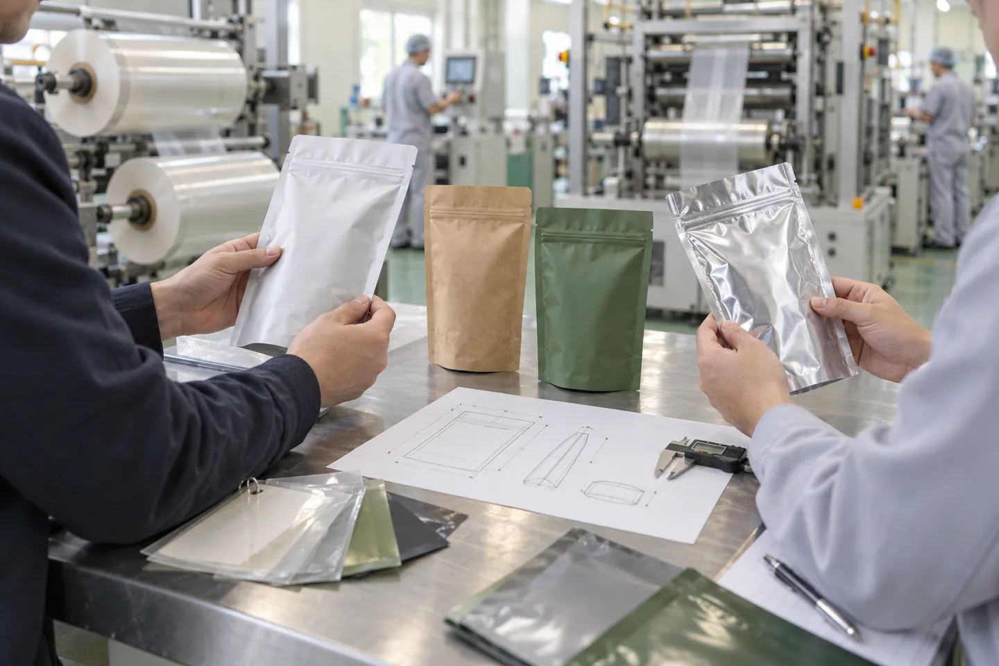Packaging buyers reviewing unbranded pouch samples and specifications inside a flexible packaging factory