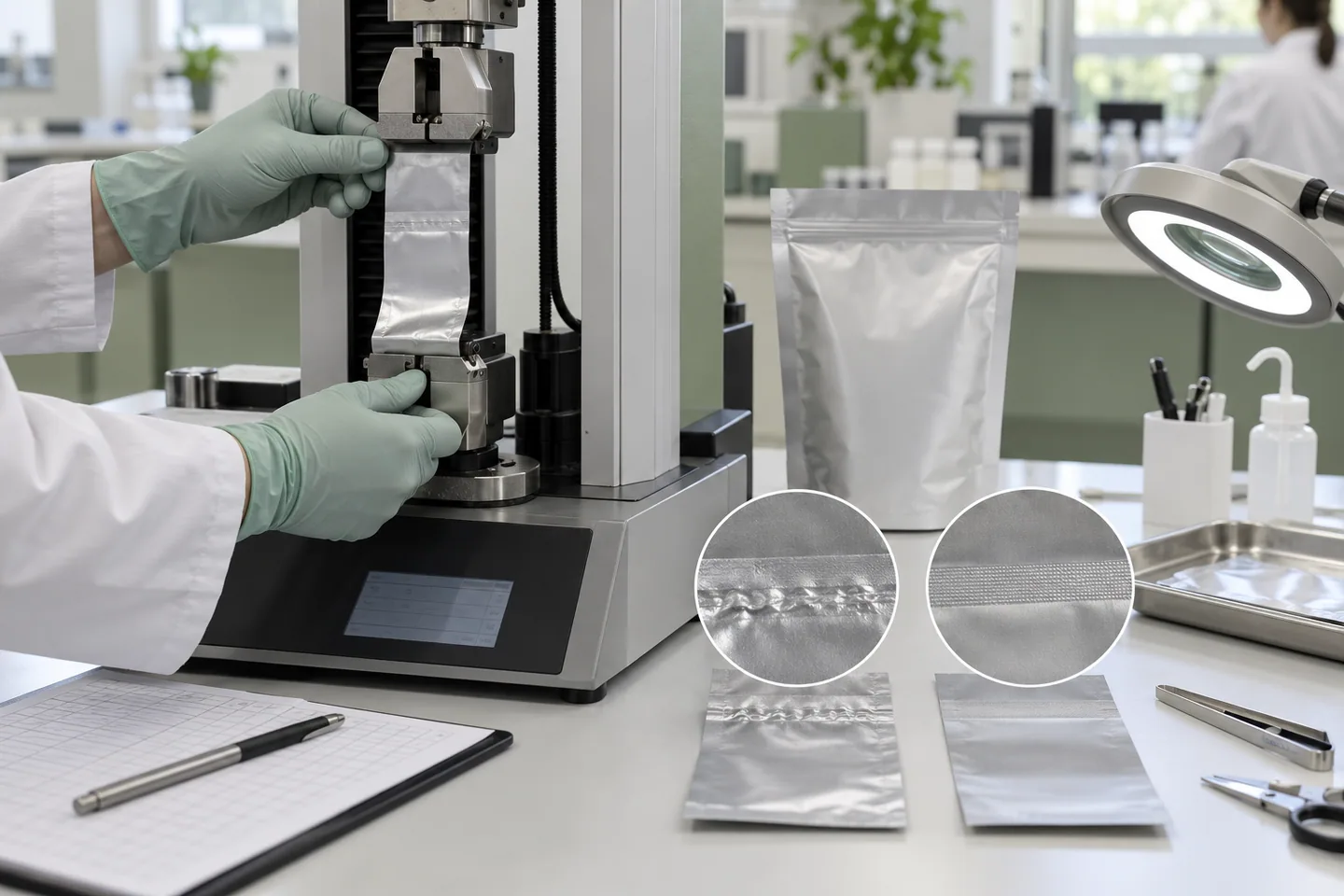 Technician testing flexible pouch seal strength beside clean and wrinkled seal samples