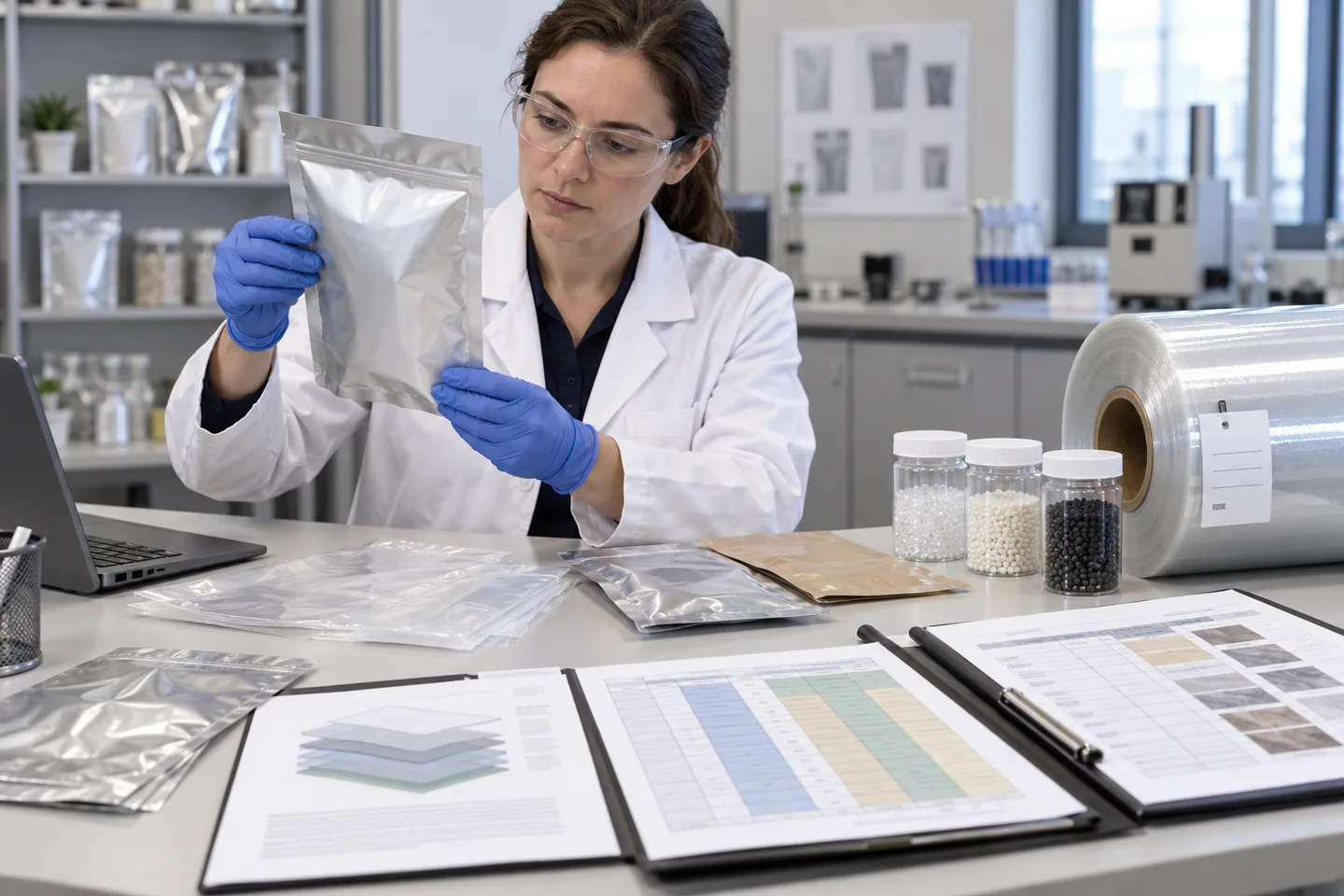 Quality specialist cross-checking food-contact pouch samples, material records and traceability documents