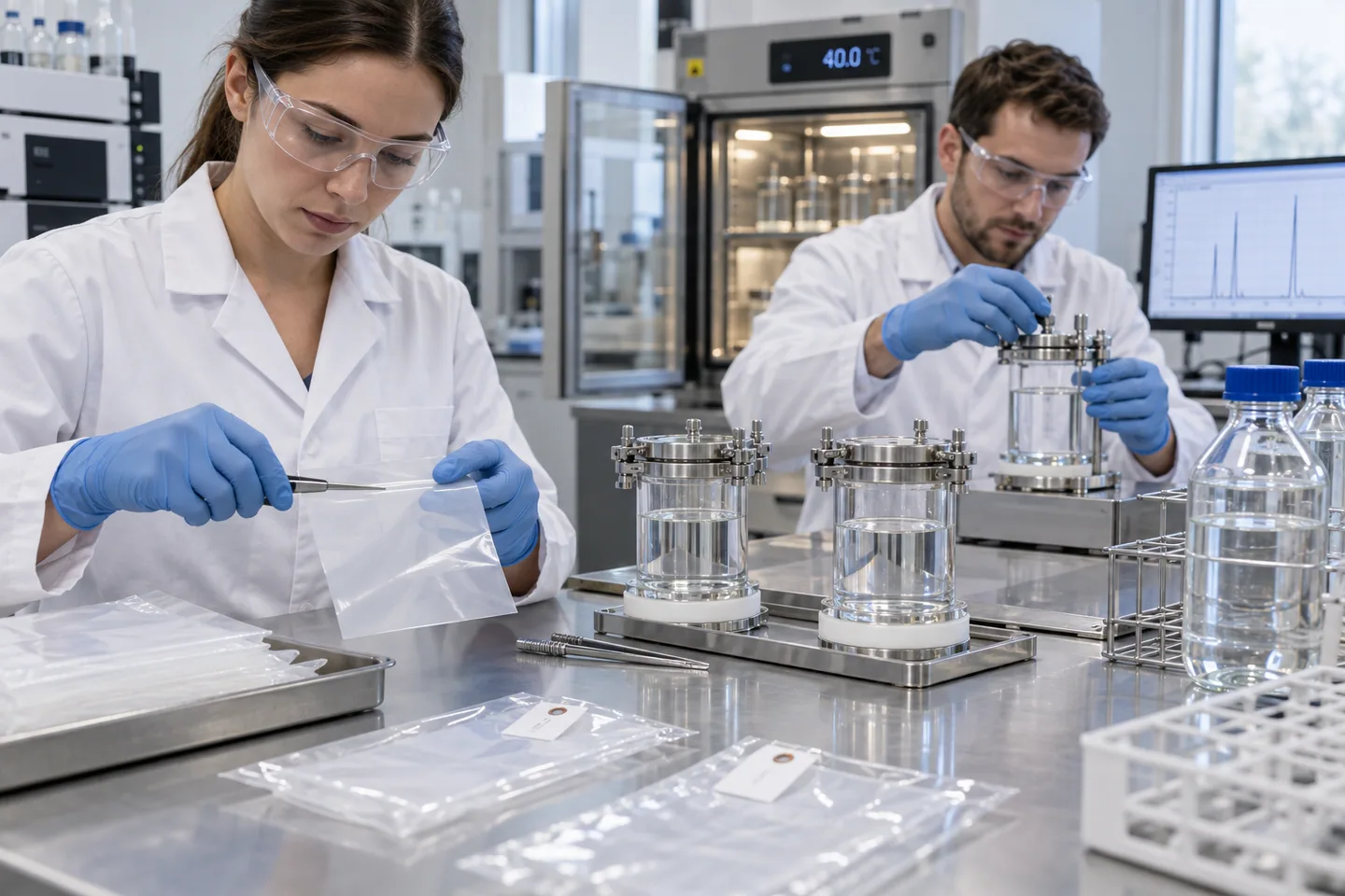 Laboratory team preparing flexible packaging samples for food-contact migration testing