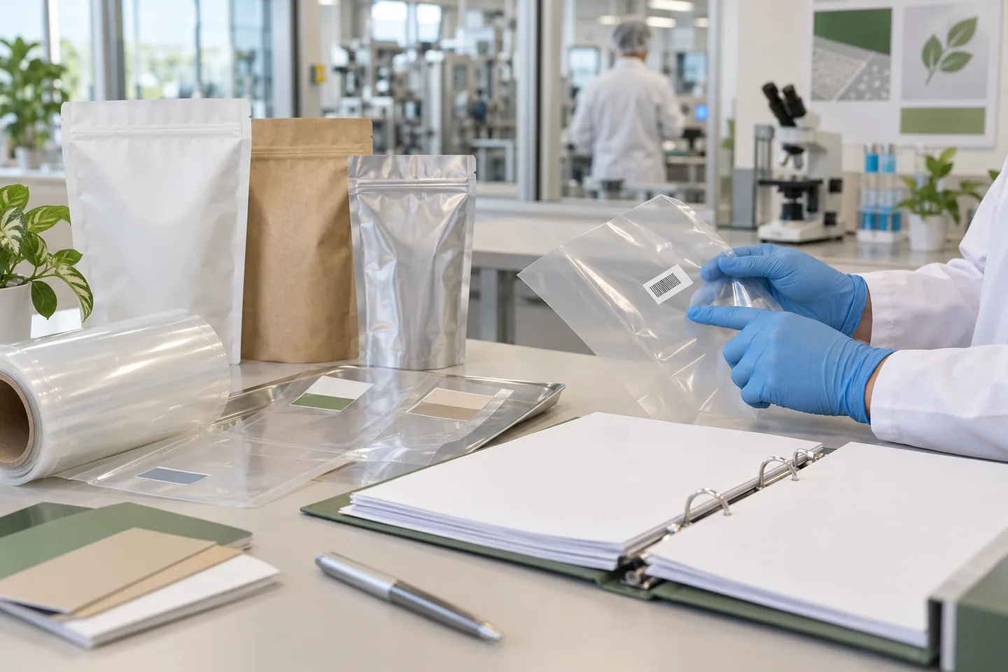 Food pouch and film samples reviewed with traceability materials and a compliance document folder
