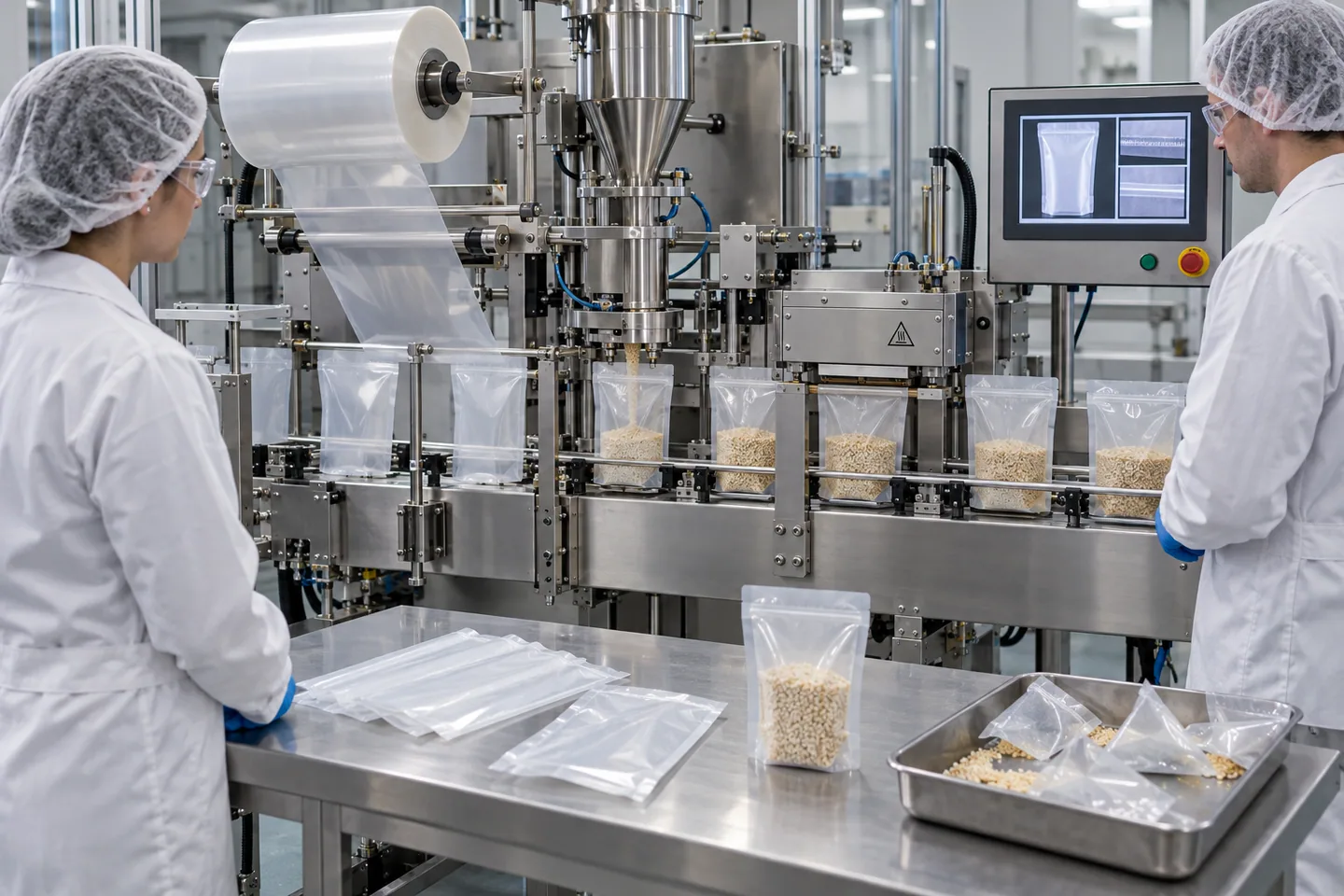 Mono-material pouch prototypes running through a filling and heat-sealing trial