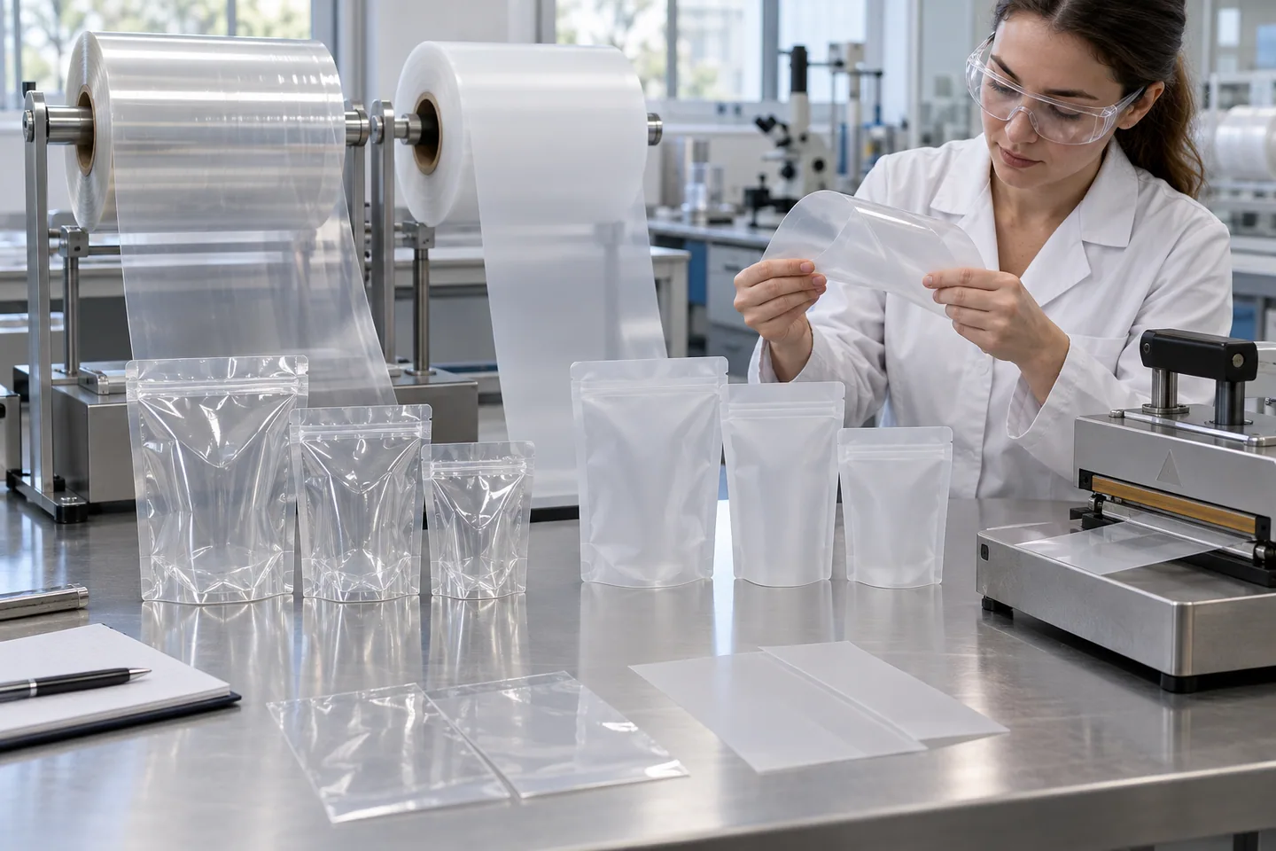 Unprinted mono-material pouch films compared for clarity, stiffness and sealing behavior