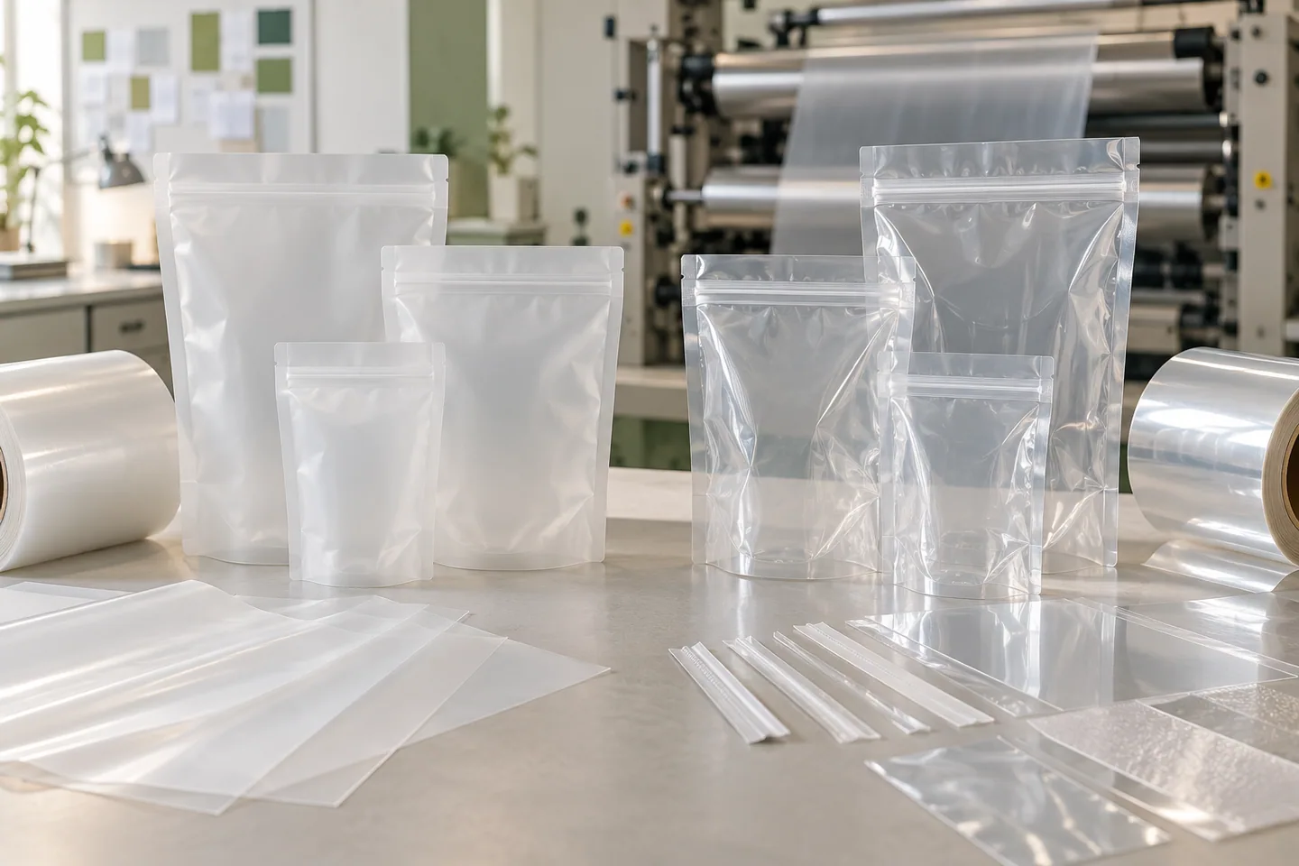 Clear PE and PP pouch samples, film webs and closure components on a packaging development bench