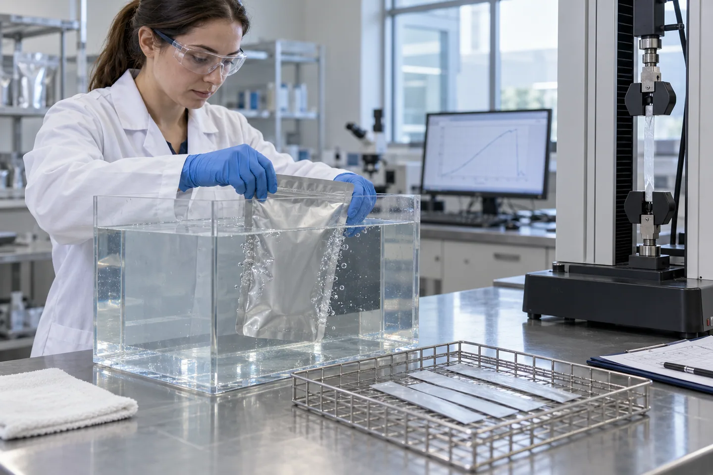 Technician performing bubble leak and seal-strength tests on flexible pouches