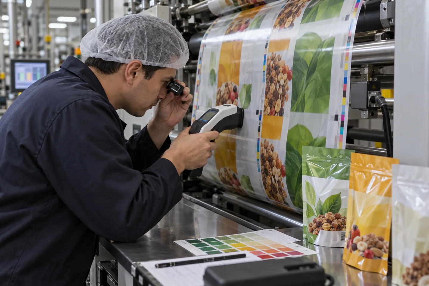 Technician checking printed packaging film for color consistency and registration