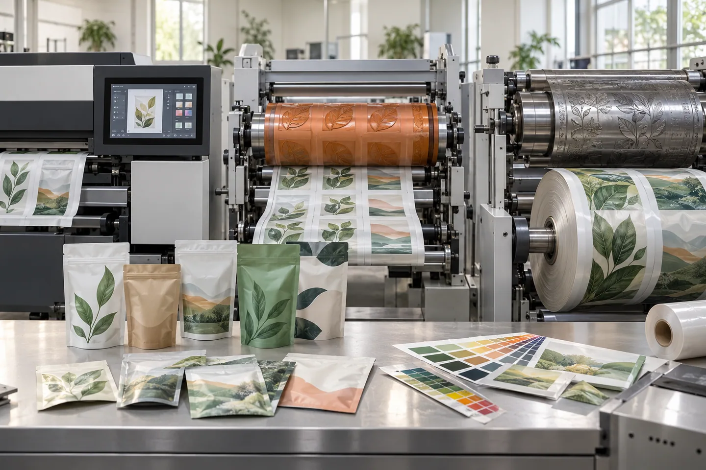 Flexible packaging presses, printed film rolls and pouch samples arranged to compare printing methods