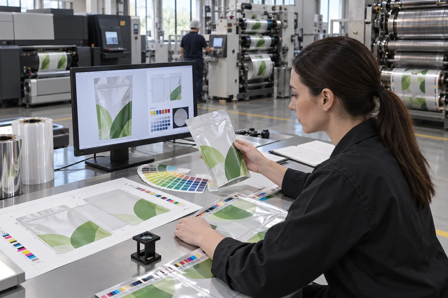 Packaging specialist reviewing a pouch dieline, color swatches and printed proof before production