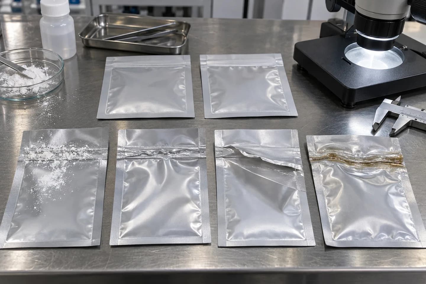 Flexible pouch seal samples showing contamination, wrinkles, weak peel and heat distortion