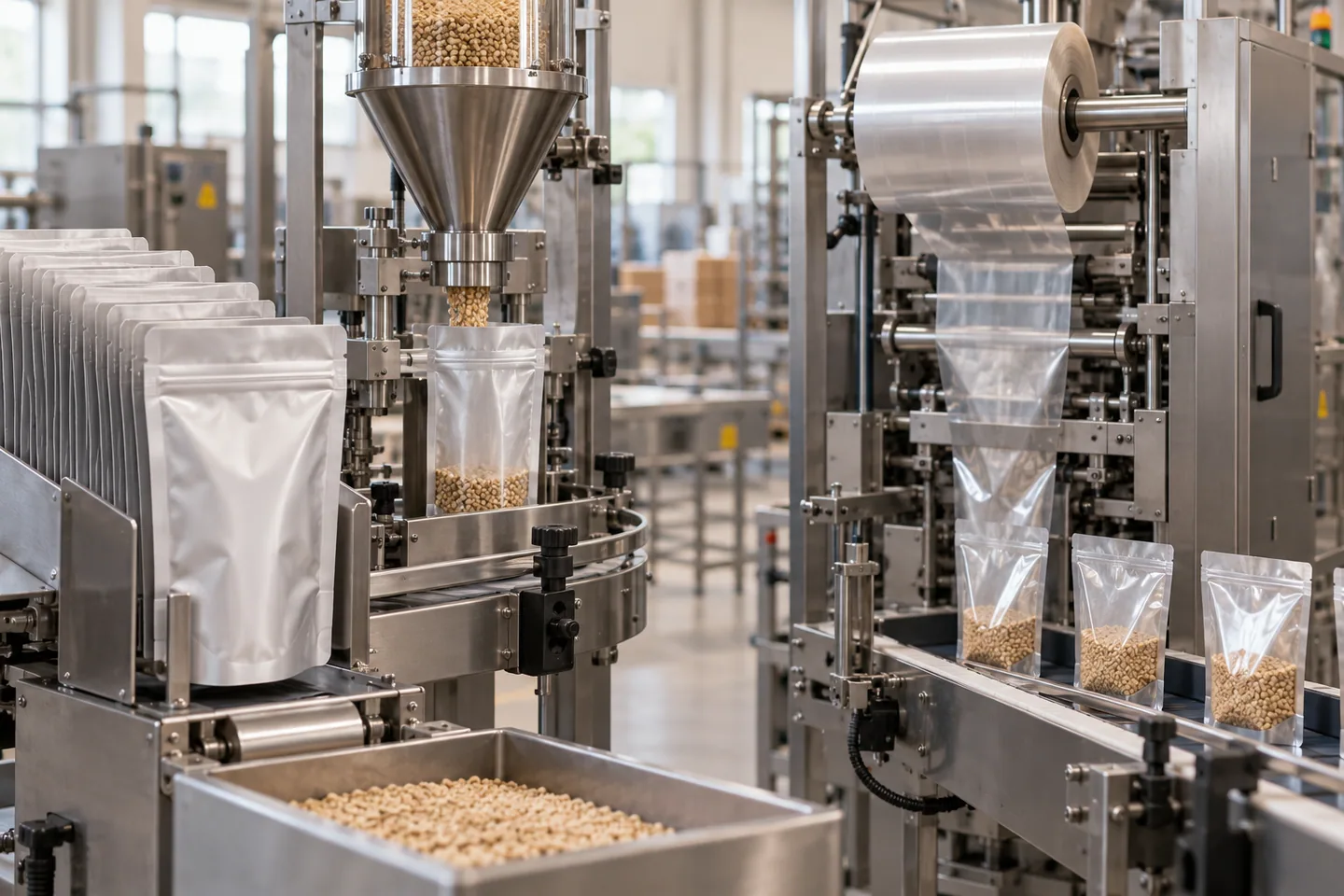 Premade pouches and rollstock running on two flexible packaging filling systems