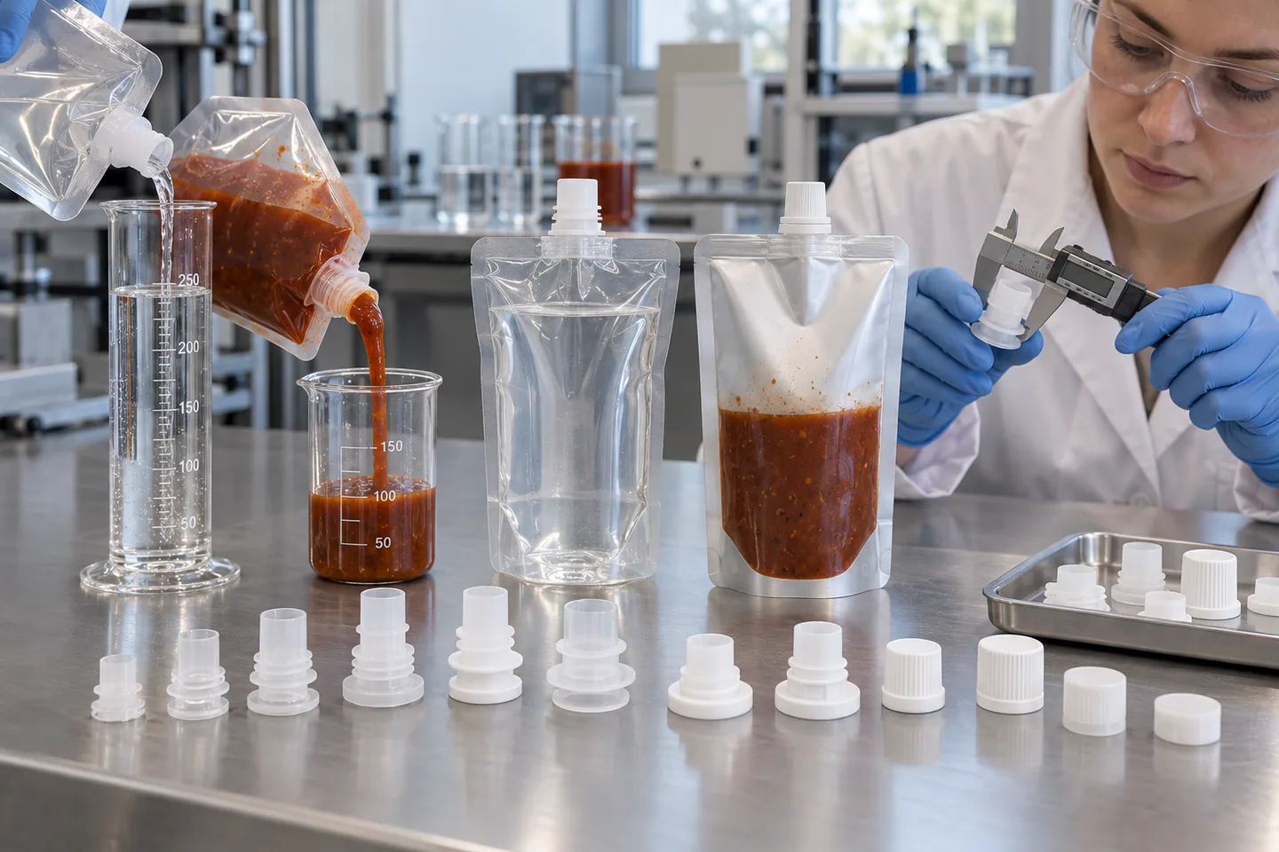 Spout fitment diameters tested with thin liquid and viscous sauce products