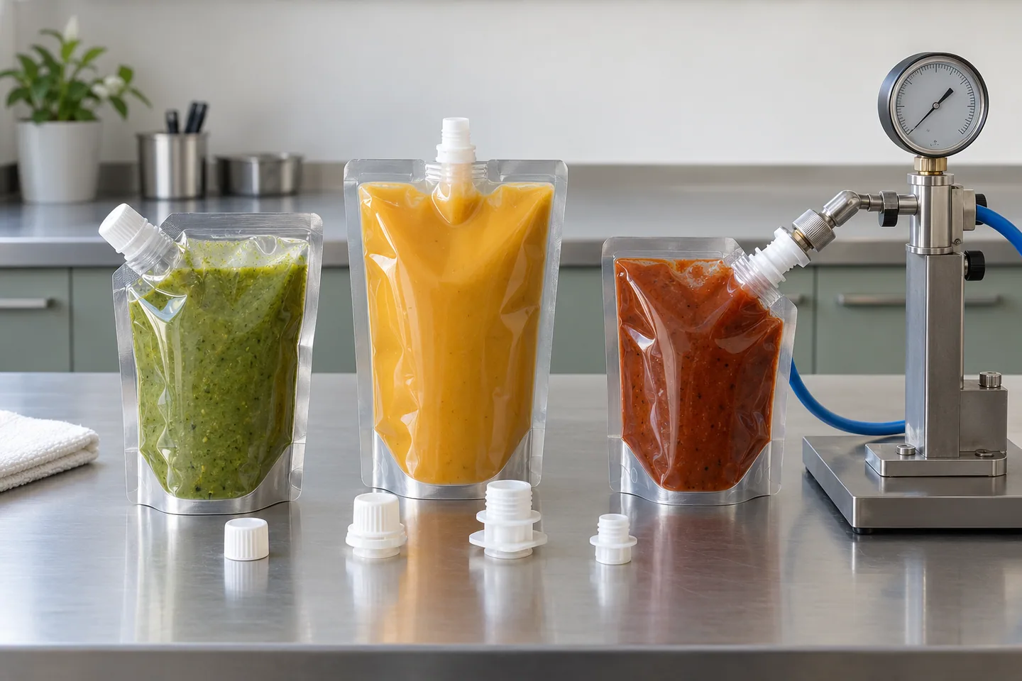 Three sauce spout pouches with different fitment positions, caps and leak-test equipment
