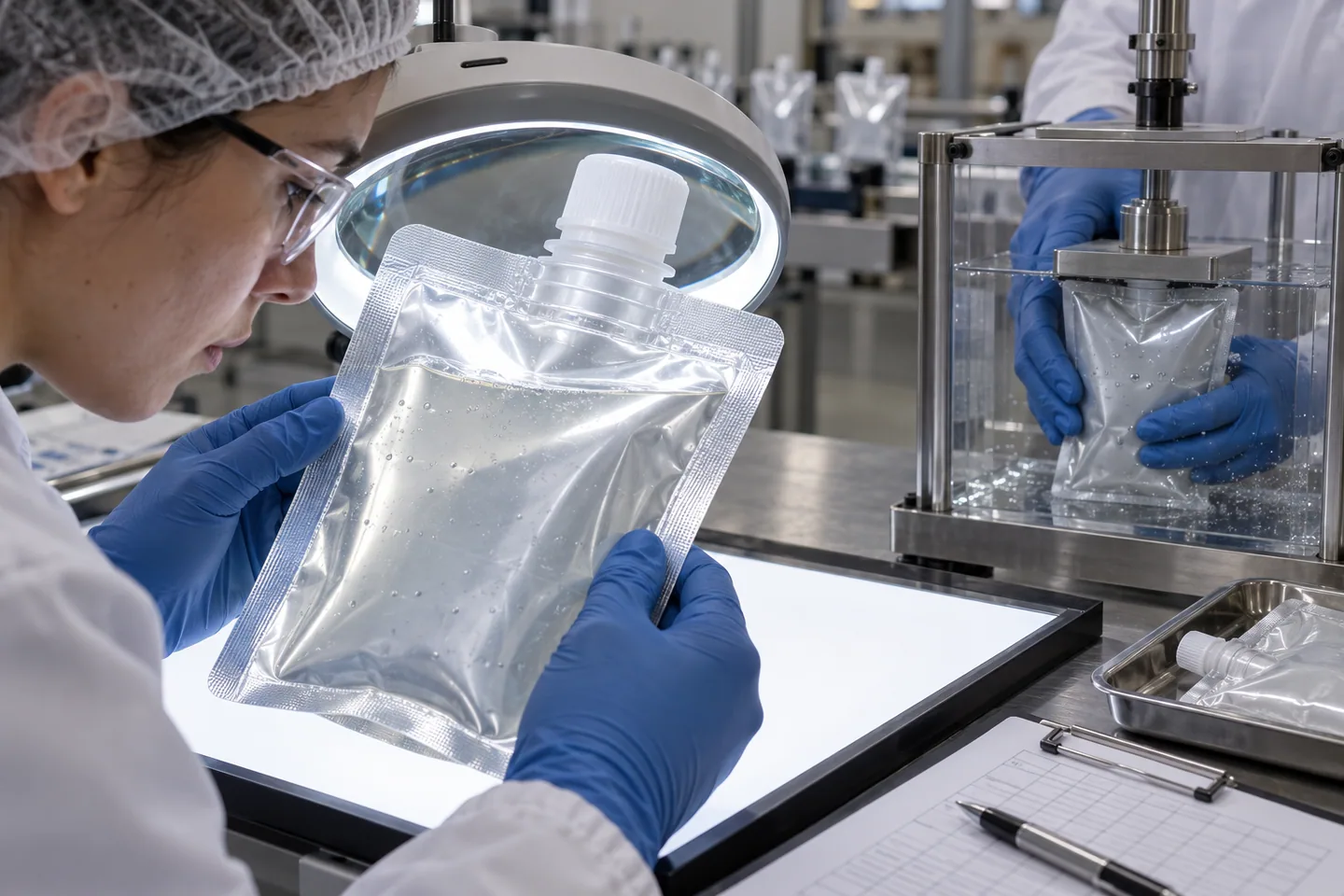 Technician inspecting a spout pouch fitment weld and leak-test sample