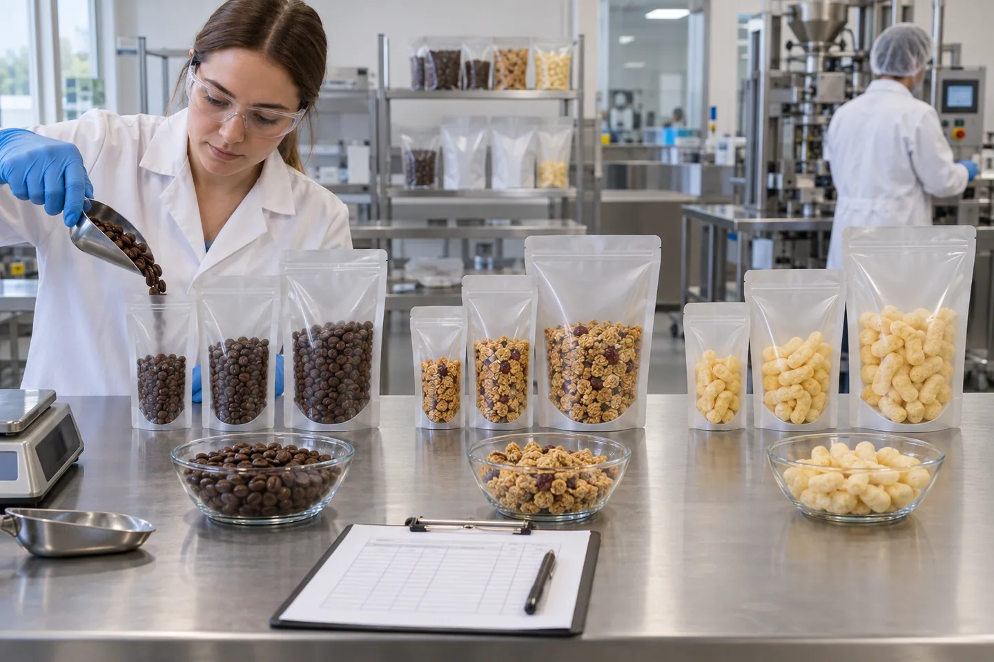 Technician comparing pouch volume and headspace for products with different densities