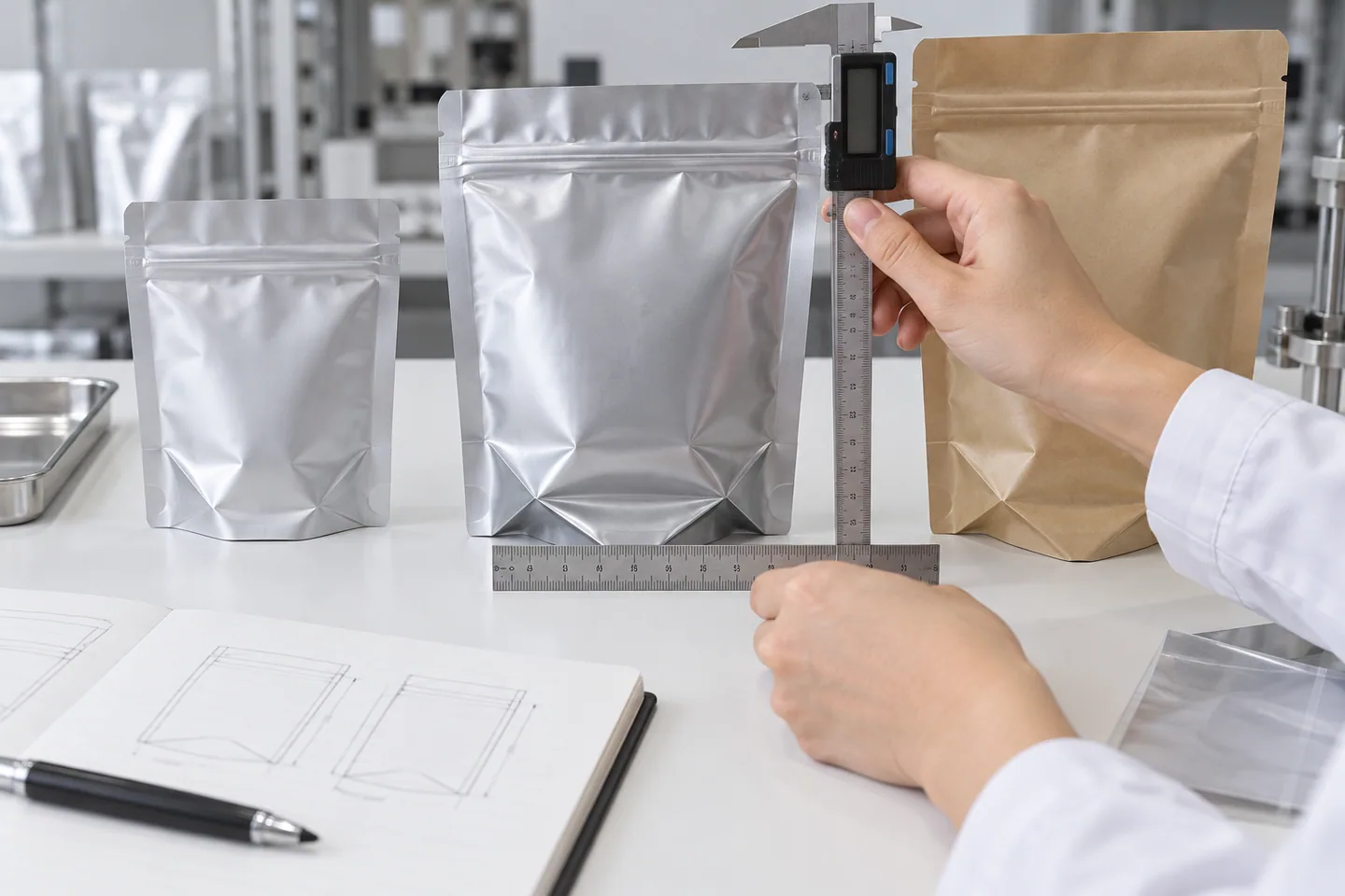 Stand-up pouch width, height and bottom gusset measured during size development