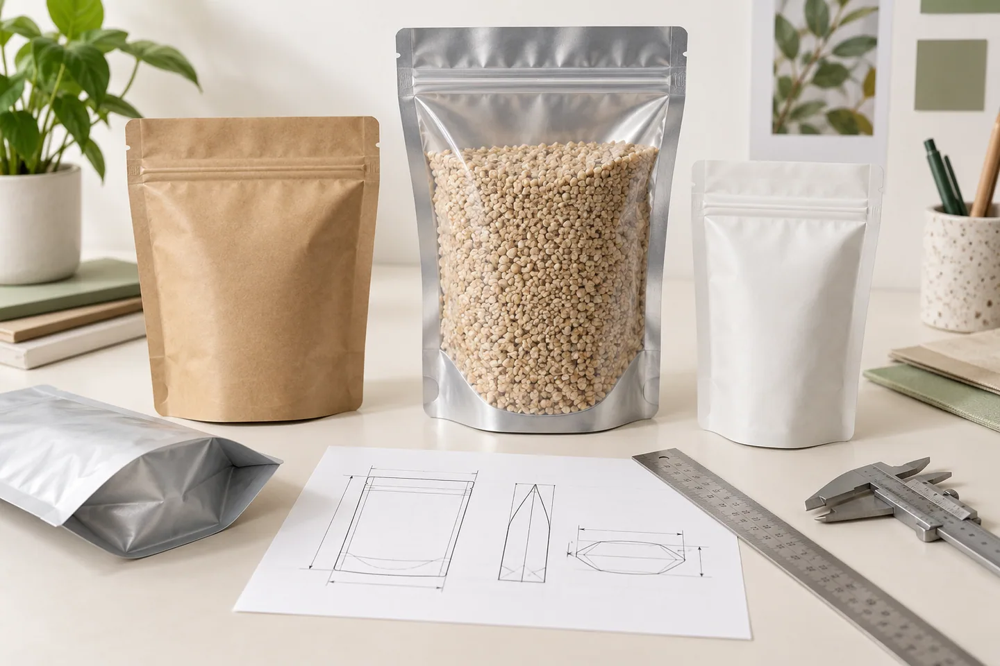 Stand-up pouch samples, dimension drawing, ruler and caliper used to evaluate pouch size and gusset