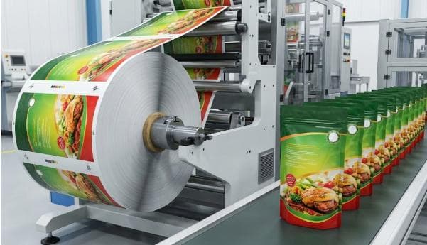Printed food packaging film roll feeding a pouch production line