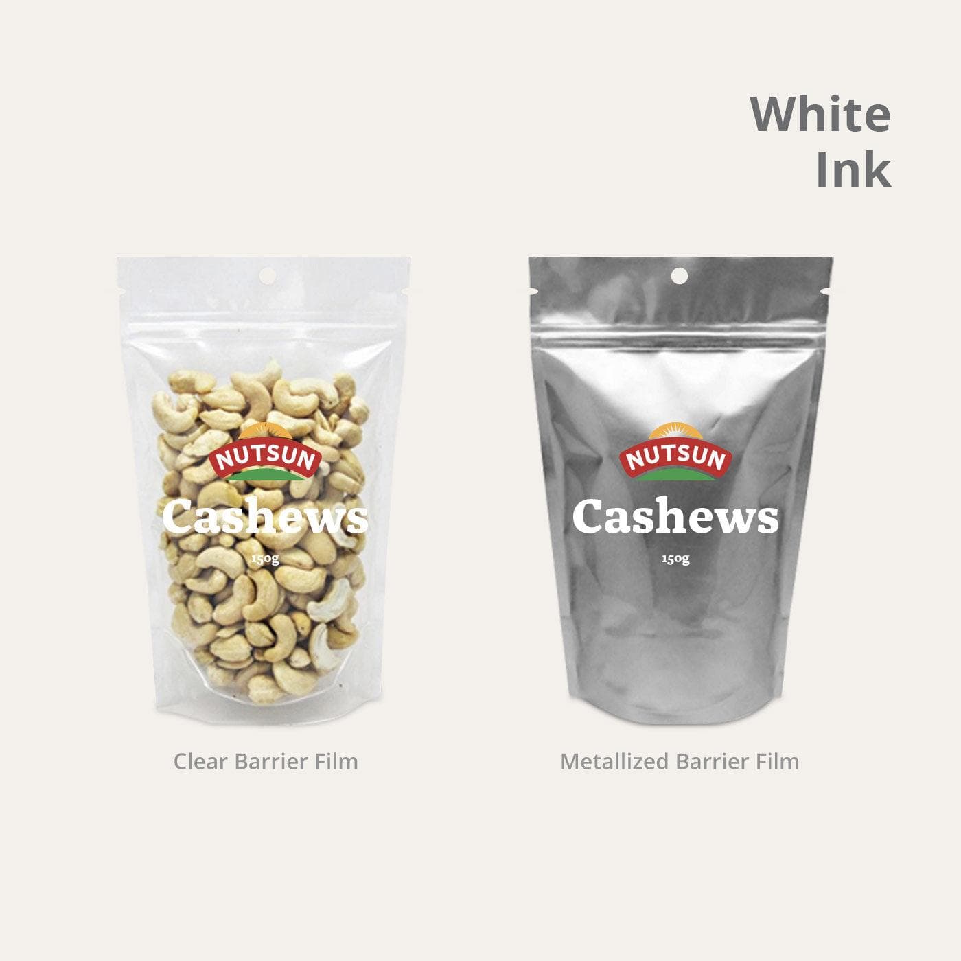 Clear and metallized stand-up cashew pouches comparing light-blocking presentation