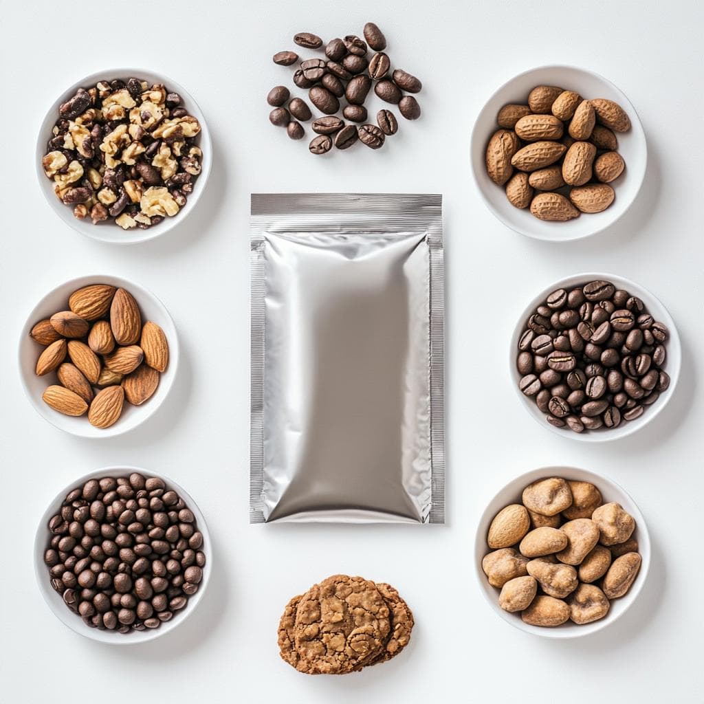Silver three-side-seal food pouch surrounded by nuts, coffee beans and cookies