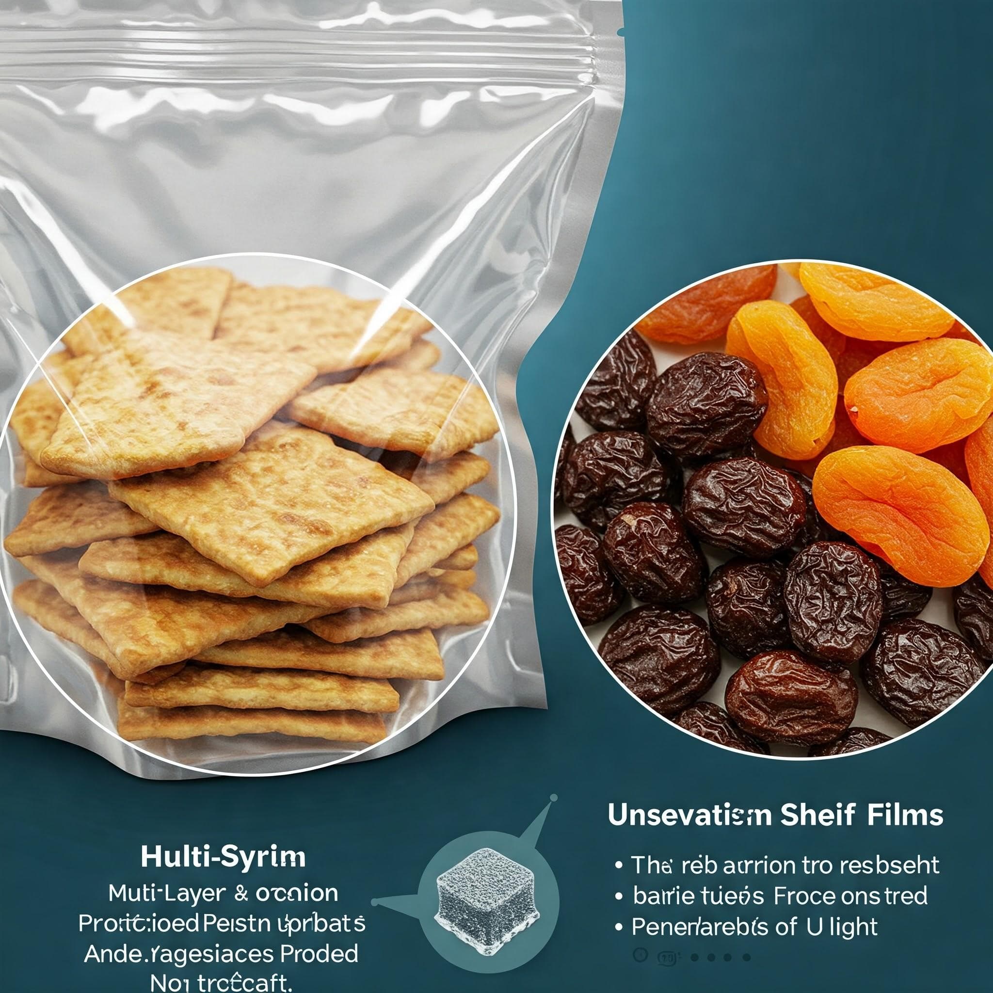 Metallic resealable food pouch shown with crackers and dried fruit