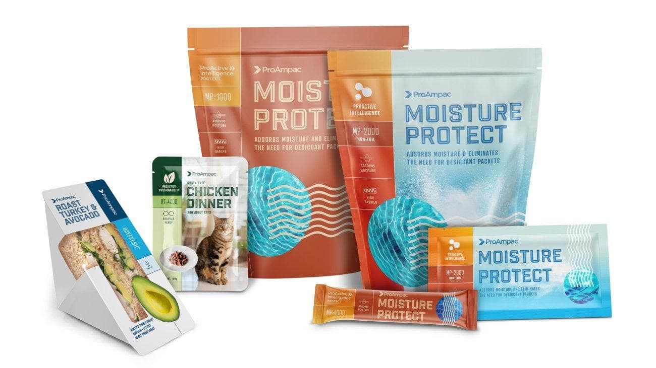 Assortment of moisture-protection packaging formats including pouches, sachets and a tray