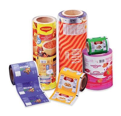 Assorted printed flexible packaging film rolls for food products
