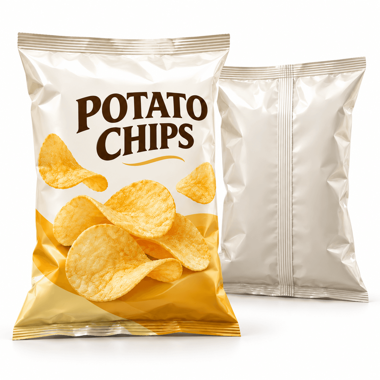 Custom printed potato chip back seal bag shown from the front and back