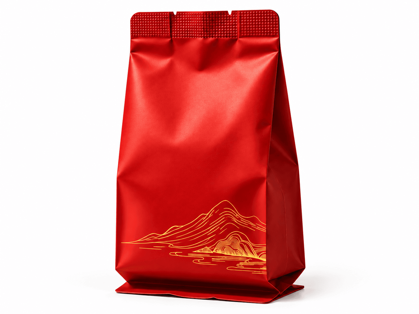 Red custom printed side gusset bag with gold mountain artwork