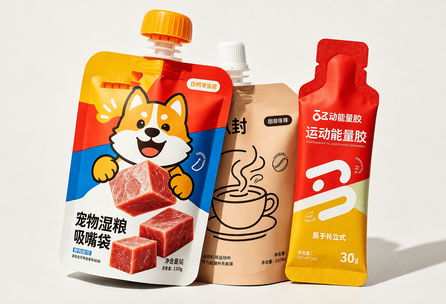 Assortment of printed spout pouches