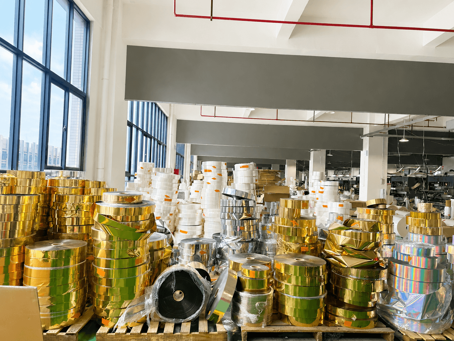 Finished flexible packaging being prepared in the factory