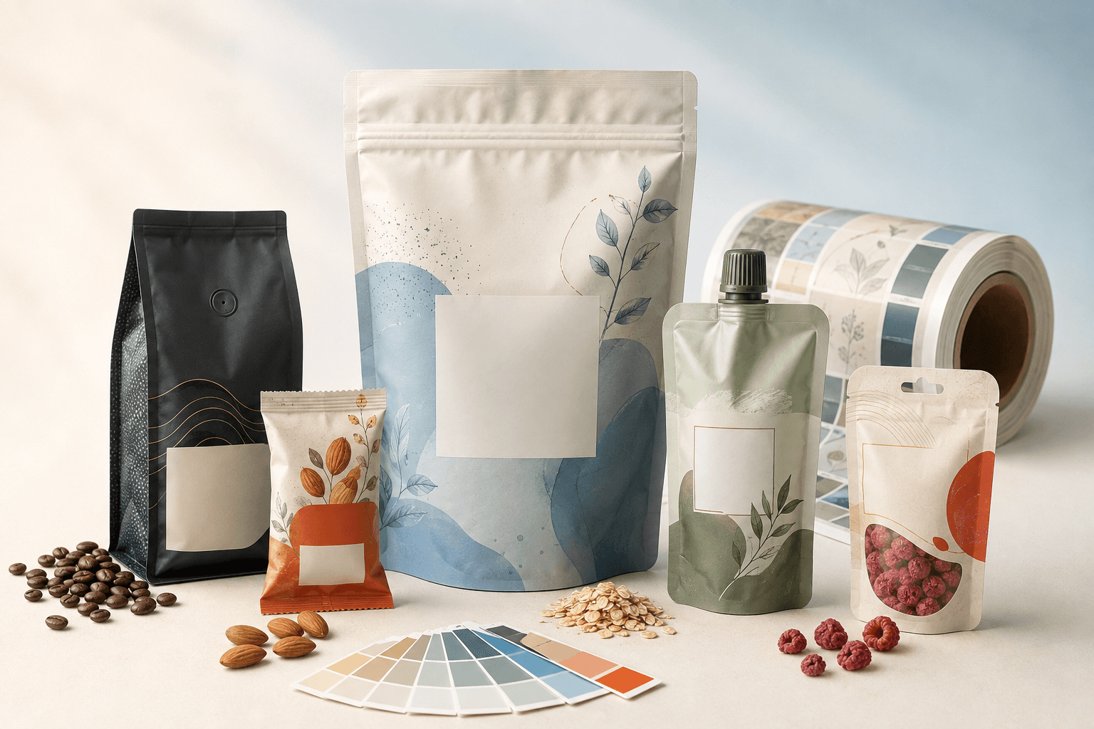 Custom food packaging formats with varied sizes, printed finishes and color swatches