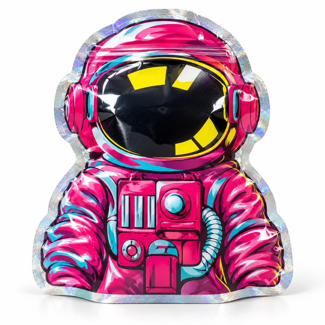 Pink astronaut-shaped resealable pouch with holographic sealed edge