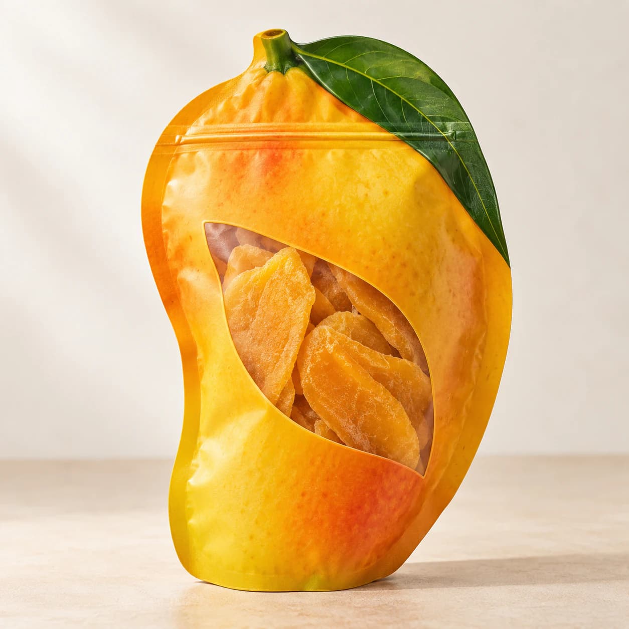 Mango-shaped resealable food pouch with a clear product window