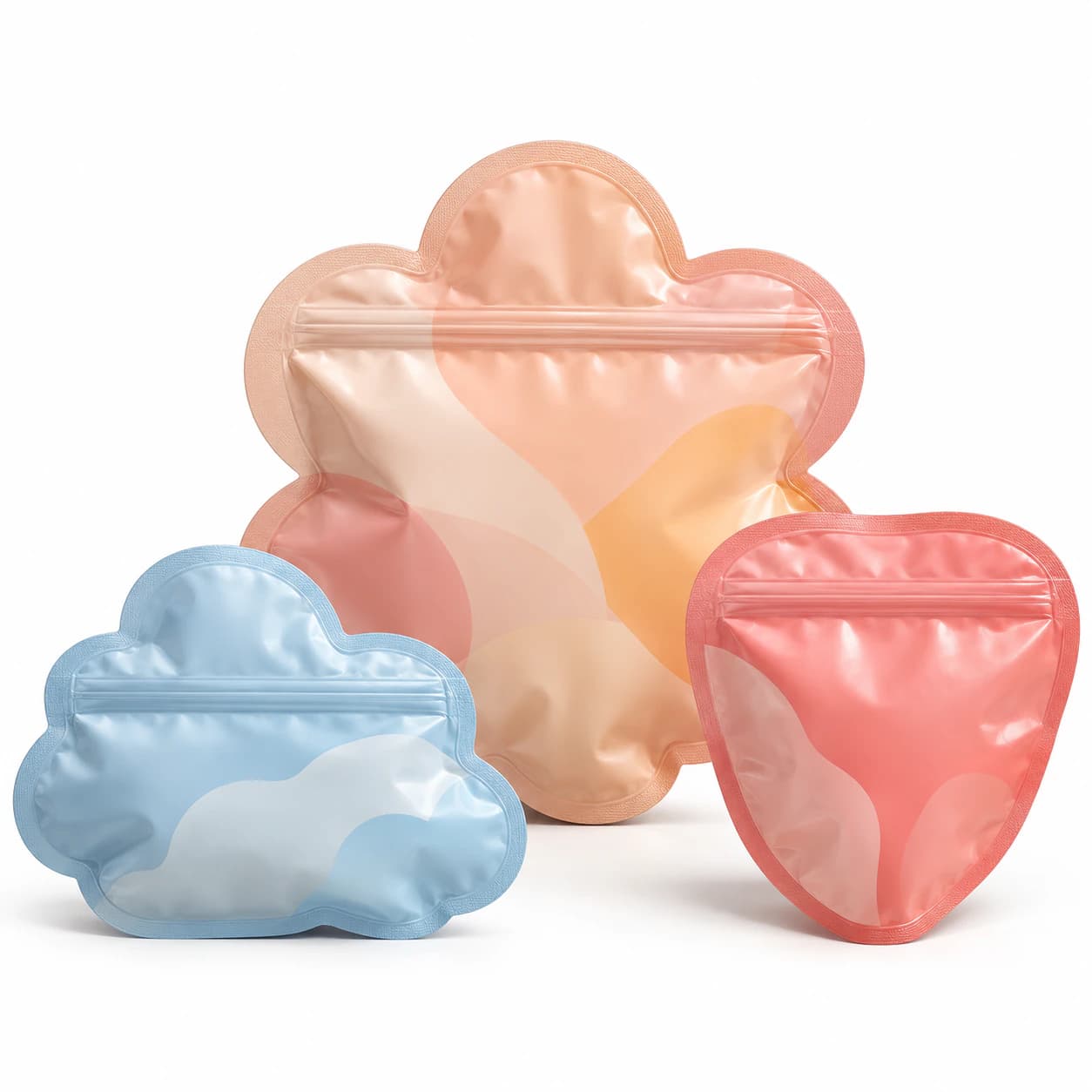 Pastel shaped pouches showing perimeter seal allowance