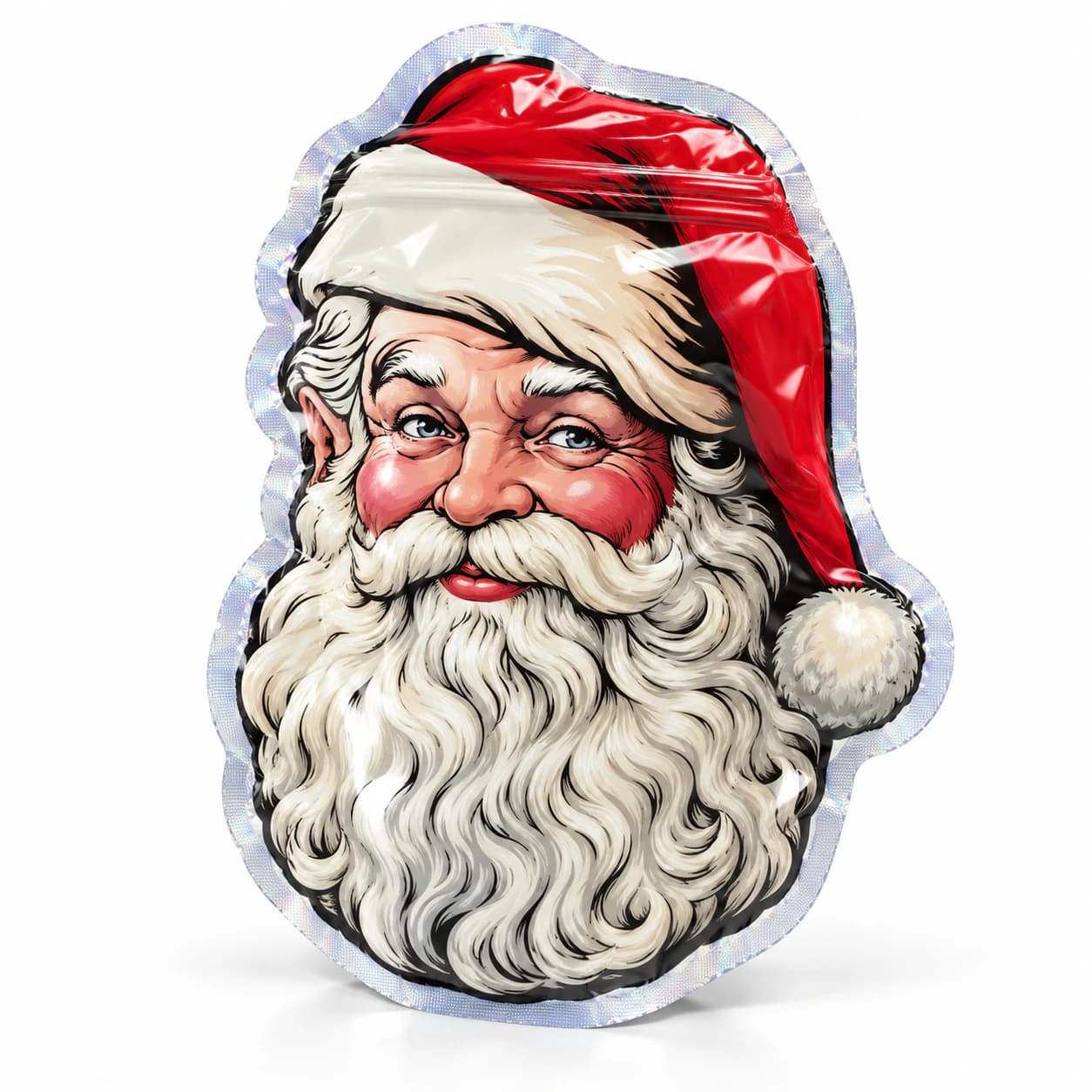 Santa Claus-shaped resealable pouch with holographic sealed edge