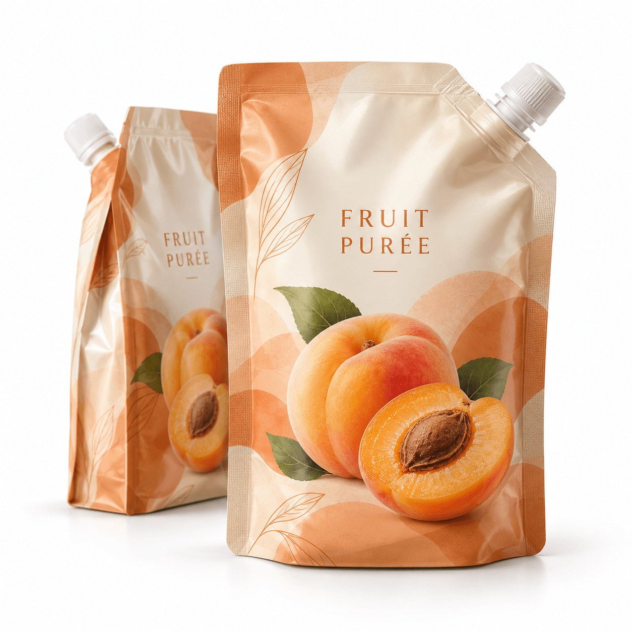 Custom printed fruit puree spout pouches shown from the front and back