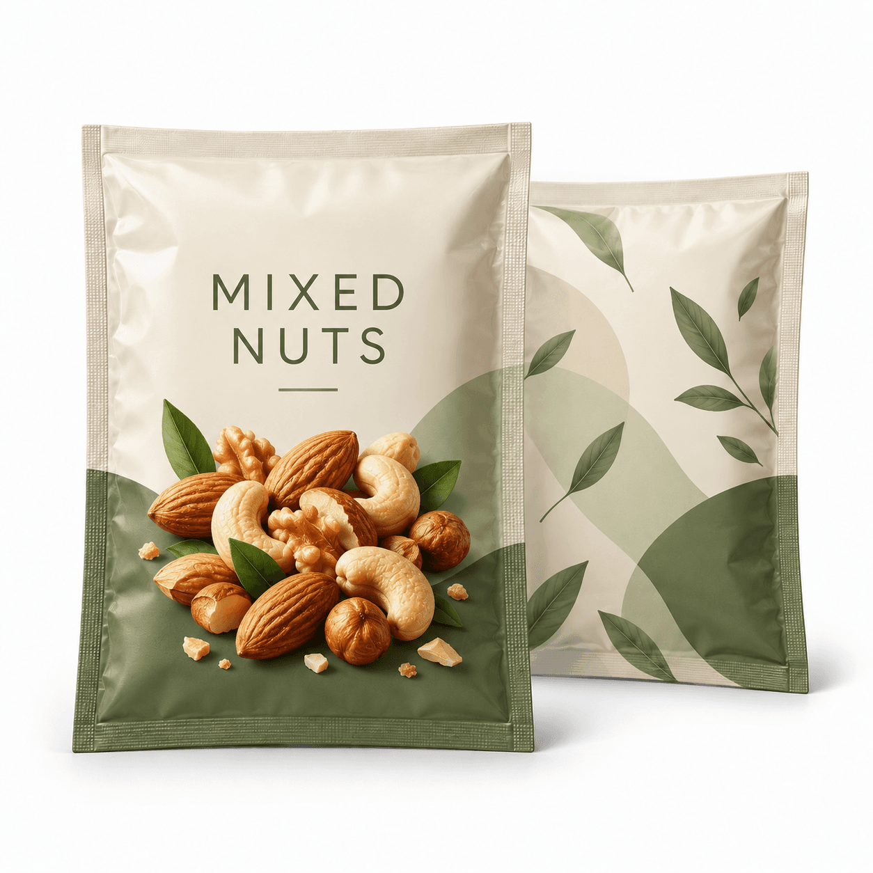 Custom printed mixed nuts three-side seal pouches shown from the front and back