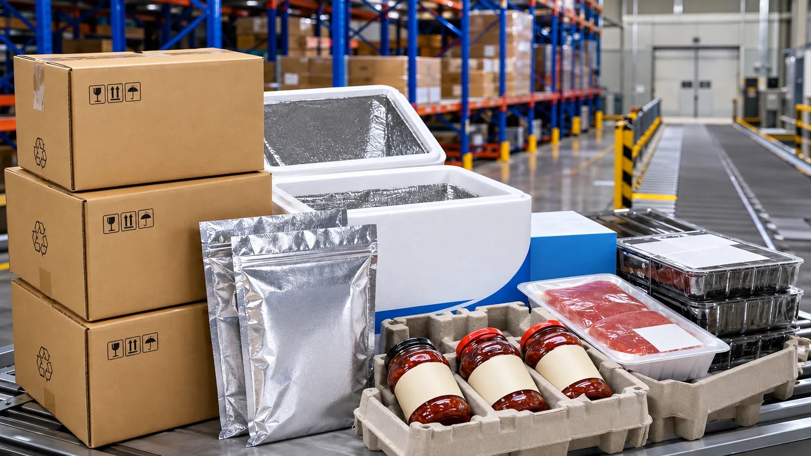 Illustration of flexible pouches, cartons and insulated shipping containers in a warehouse