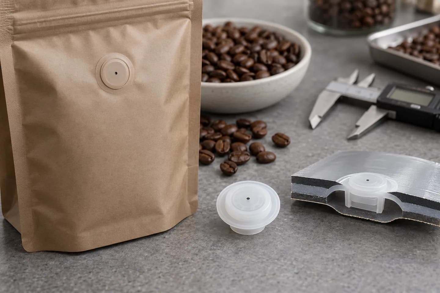 One-way coffee valve, pouch film cross-section and valve placement detail