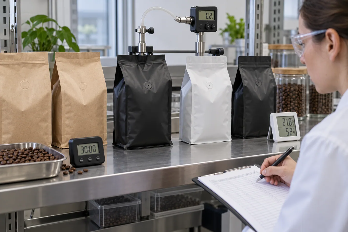 Filled coffee pouches monitored for swelling and degassing valve performance