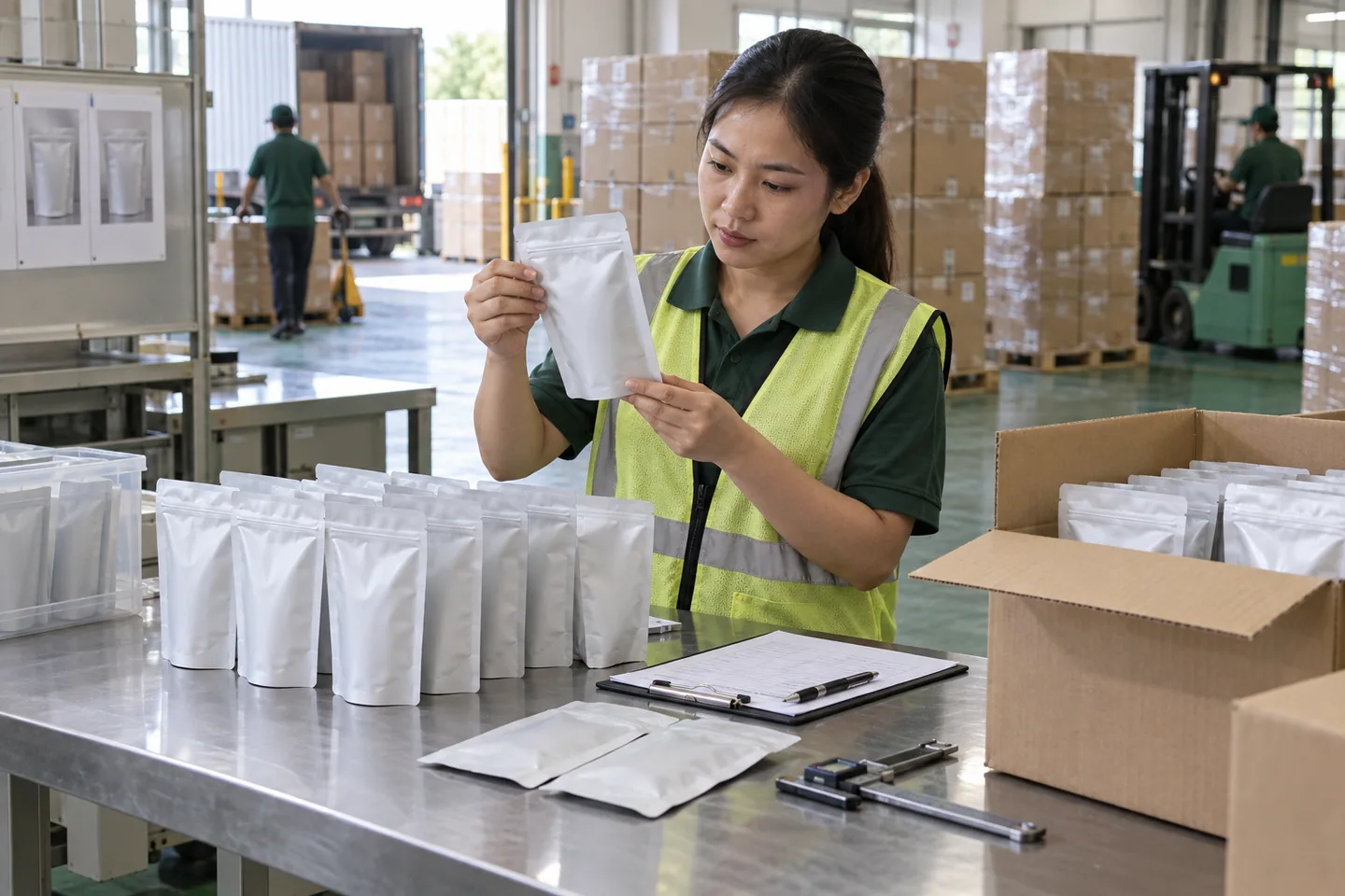 Quality technician inspecting finished pouches and export cartons before shipment
