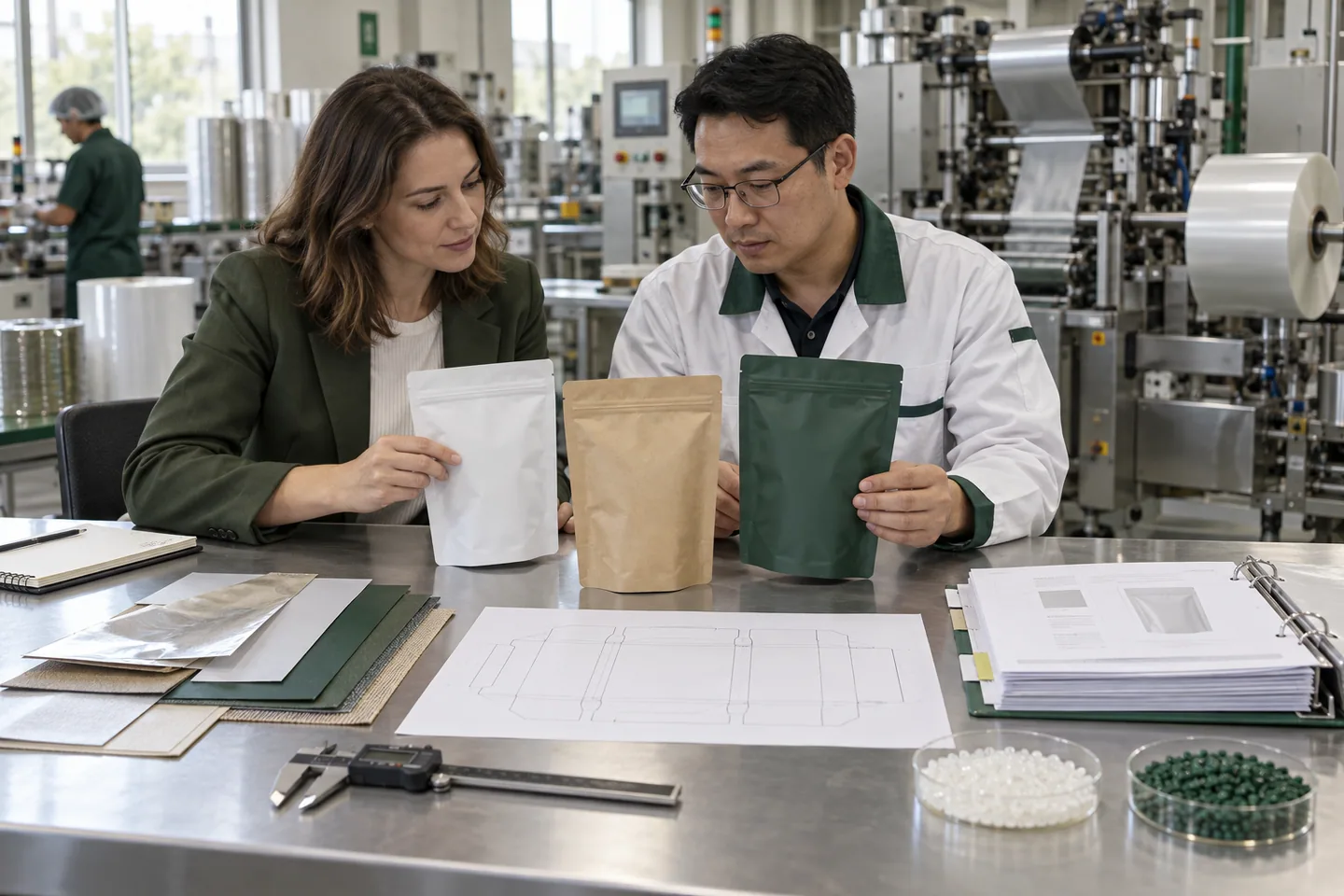Buyer and factory specialist reviewing pouch samples, materials and a controlled packaging specification